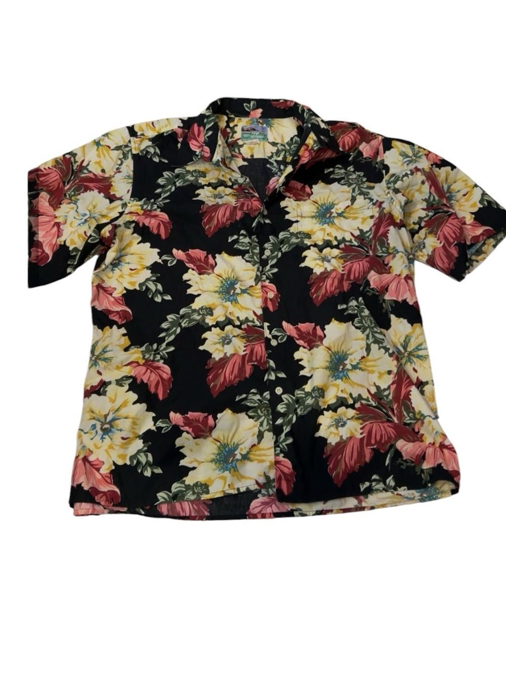 reyn spooner Black Floral Camp Collar Button-Up Shirt with Yellow & Pink large